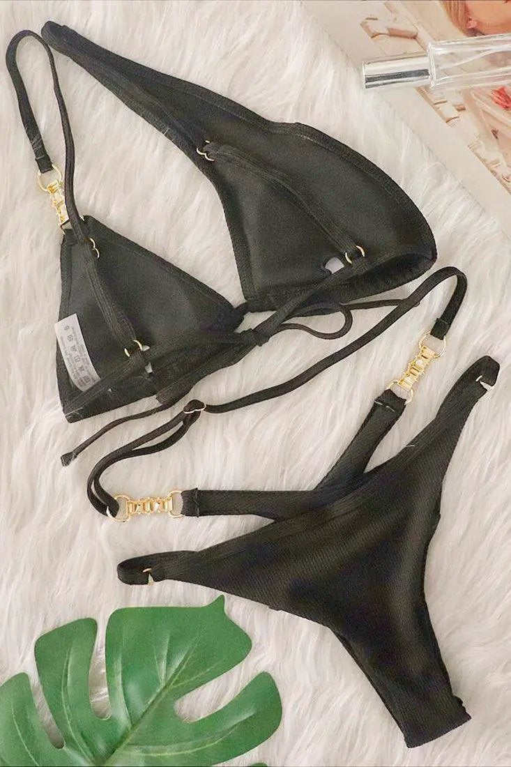 Black Designer Rhinestone Buckle One Shoulder Cut-Out Cheeky 2Pc Swimsuit Bikini - AMIClubwear
